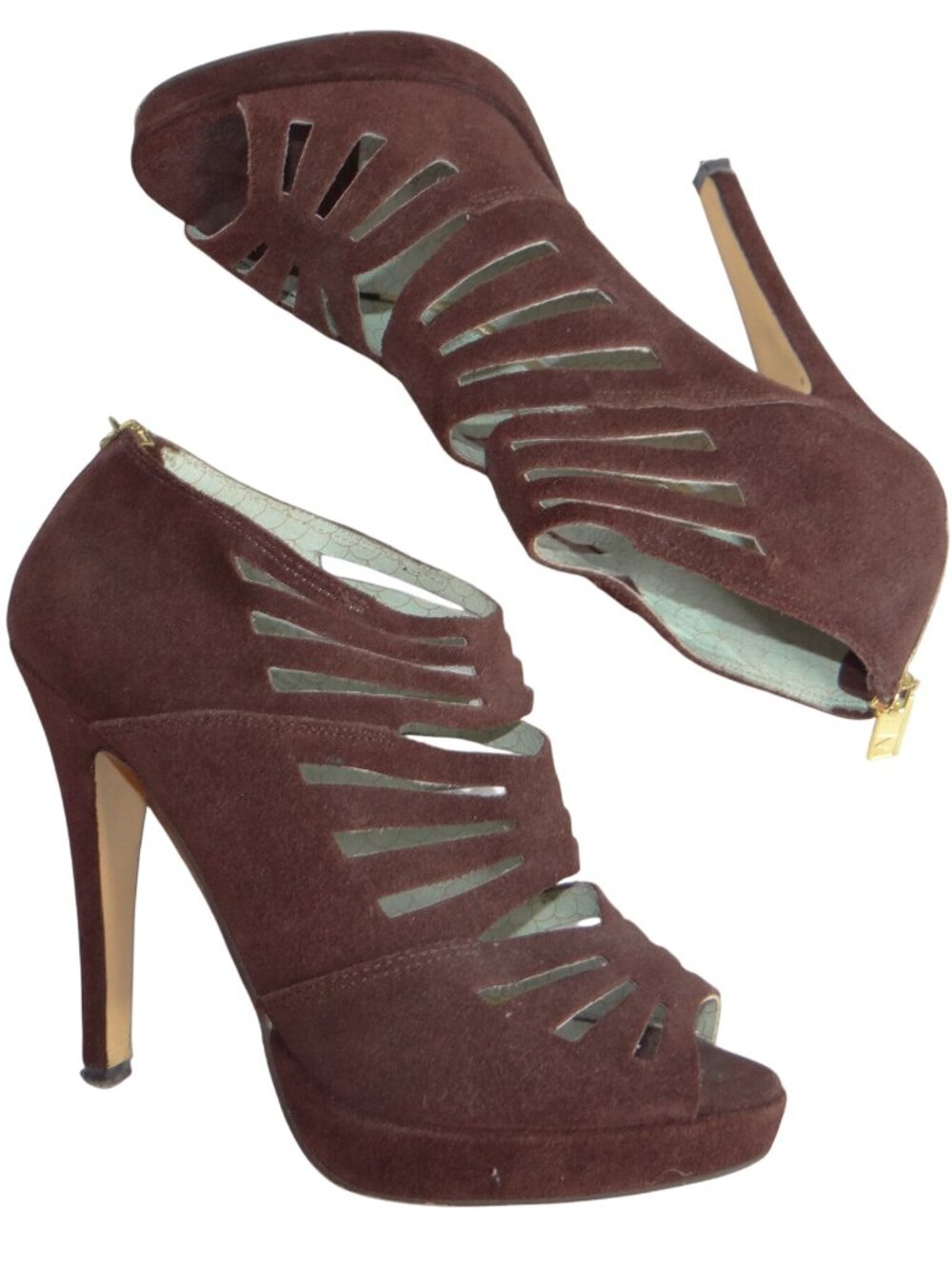Matiko‎ Brown Suede Cage Peep Toe Platform Stiletto Heels Womens 8 Cutout Zipper